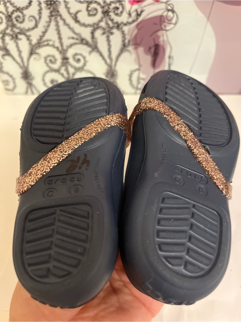 CROCS Navy Kids Mary Jane Flats with Rose Gold Glitter Strap and Light Pink Bow - Picture 5 of 6